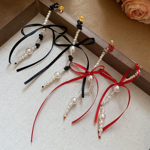 Eleganti Orecchini A Nappa Lunga Con Perno In Argento 925 Fiocco Perla Artificial Di Imitazione Nastro Di Raso Per Donna