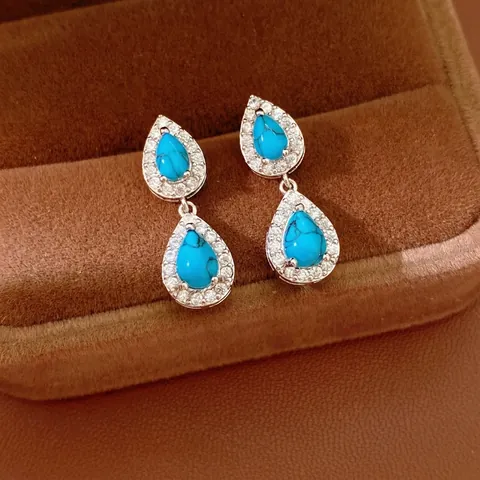 Boucles D'oreilles Vintage Double Goutte D'eau Avec Résine Turquoise Zirconium Et Tige En Argent Femme Style Bohème Rétro
