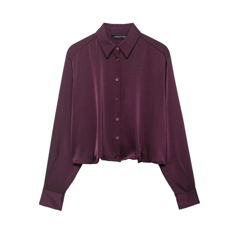 Elegante Blusa De Satén De Manga Larga Mujer Cuello De Solapa Botones Color Sólido Oficina Top De Satén Moda Casual Pulido