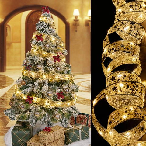 Christmas Ribbon LED String Lights Double Layer Gold Silver Star Print Xmas Tree Hanging Decoration Battery Operated DIY