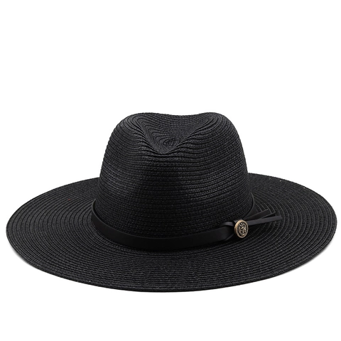 Cappello Di Paglia Fedora Donna Western Cowboy Protezione Solare Spiaggia All'aperto Intrecciato Tesa Larga Con Cintura In Pelle E Fibbia Metallica