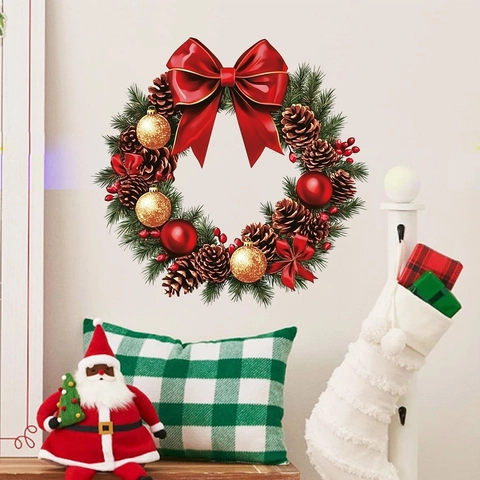 Kerstkrans Muursticker PVC Realistische Rode Boog Dennenappels Ballen Feestelijke Huis Decoratie Venstersticker