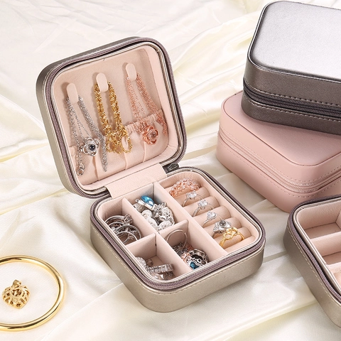 Portable PU Leather Jewelry Organizer Box For Women Small Travel Mini Jewelry Case For Rings Earrings Necklaces
