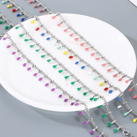 Bracelet En Acier Titane Pour Femmes Avec Pendentifs Gouttelettes En Émail Coloré Bijoux Minimalistes Style Vacances