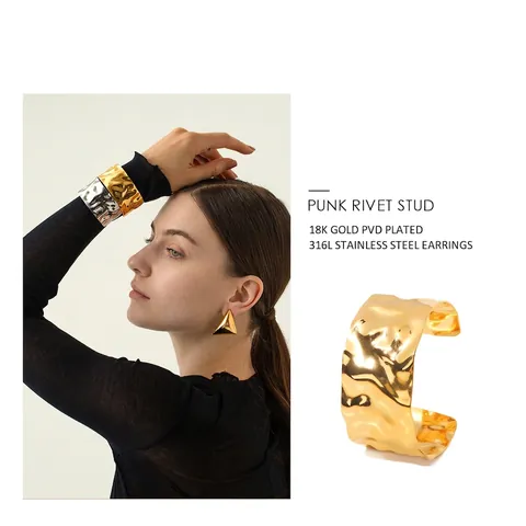 Bracciale Rigido Largo Con Trama Martellata Acciaio Inossidabile Placcato Oro 18K Malocchio Stile Punk Per Donne