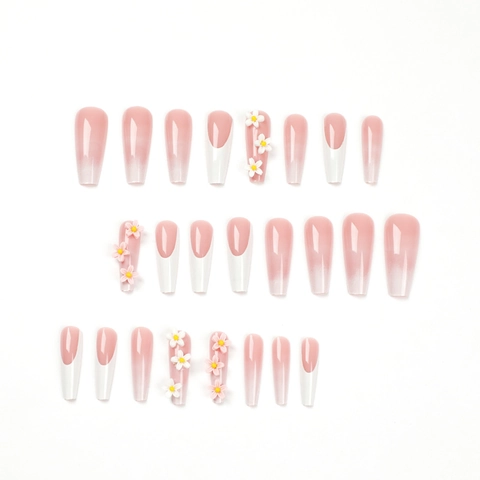 Long Coffin Press On Nails With Dimensional Flowers And Artificial Pearls French Pink Gradient Glossy Fake Nails For Women