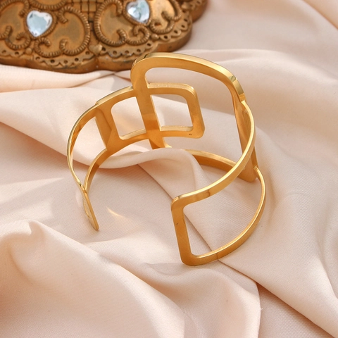 Geometric Open Bangle Women Stainless Steel Gold Plated Minimalist Hollow Out Abstract Cuff Bangle Fashion Jewelry Gift