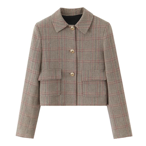 Blazer de Pata de Gallo para Mujer Top y Pantalones de Pata Ancha Bottom Moda Otoño Casual Manga Larga Decoración de Botones Ropa