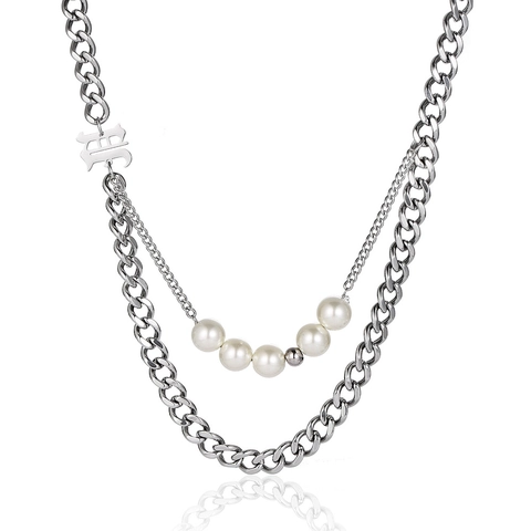 Layered Necklace Titanium Stainless Steel Faux Artificial Pearl Cuban Chain Gothic Initial Letter Pendant Hip Hop Streetwear Unisex