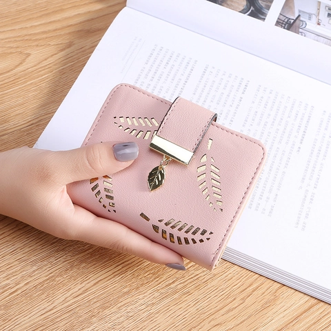 Women Short Wallet PU Leather Hollow Leaf Pattern Metal Pendant Zipper Buckle Card Holder Purse Elegant Korean Style