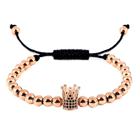 Crown Charm Stainless Steel Beads Adjustable Braided Rope Pavé Black Zirconia Vintage Style Men Bracelet