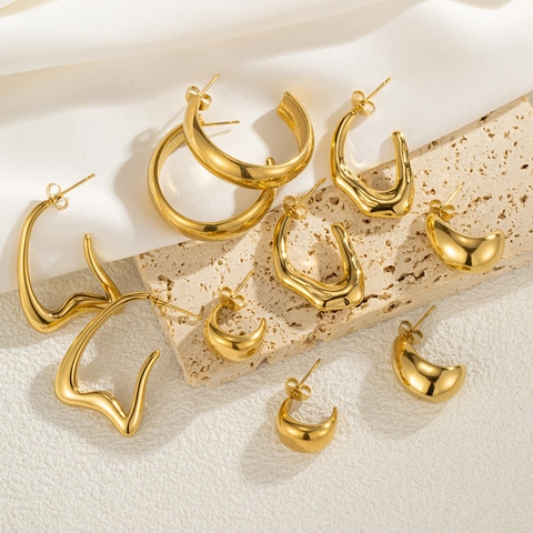 Geometric Hoop Stud Earrings 18K Gold Plated Stainless Steel Vintage Minimalist Chunky C Shape For Women
