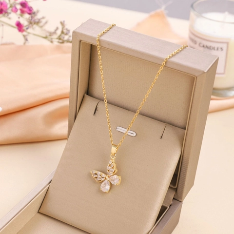 Hollow Butterfly Pendant Necklace Titanium Steel Chain Sparkling Zircon Inlaid Elegant Jewelry For Women