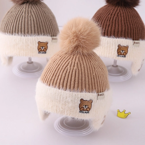 Cappello In Maglia Invernale Per Bambini Con Paraorecchie Acrilico Beanie Caldo Ricamo Orso Cartone Animato Pompon Ragazzi Ragazze