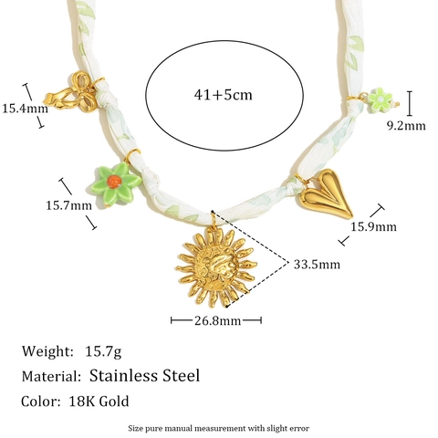 Bohemian Stainless Steel 18K Gold Plated Sun Heart Flower Pendant Necklace White Ribbon Fabric Choker For Women Jewelry