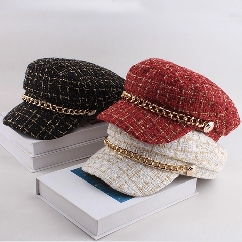 Casquette Gavroche en Tweed Vintage pour Femmes Bérét Élégant à Carreaux Avec Décor de Chaîne en Or Chapeau de Marin Style Français