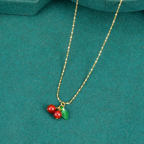 Collana Con Pendente A Ciliegia Acciaio Inossidabile Placcato Oro 18K Perle Di Corniola Rossa Foglia Di Resina Per Donna