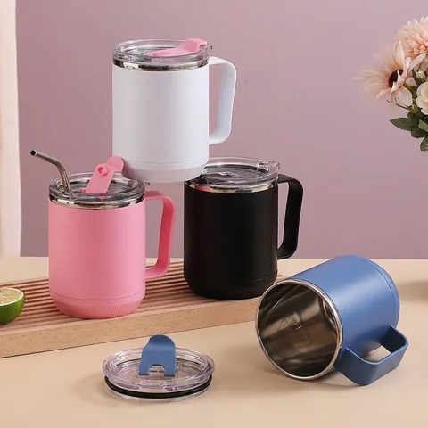 Stainless Steel Coffee Mug With Lid And Handle Induction Heating Compatible Thermal Double Wall Modern Simple Office Mug