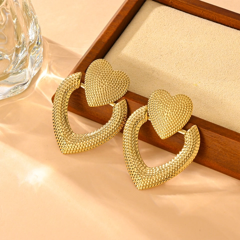 Retro Geometric Heart Drop Earrings Stainless Steel Gold Plated Exaggerated Dots Texture Dangle Jewelry For Women