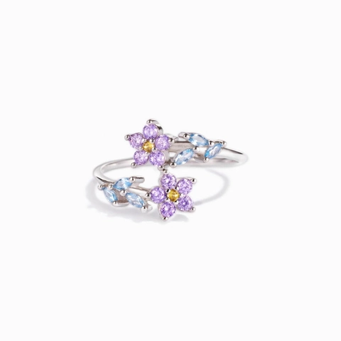 Forget-Me-Not Flower Leaf Open Ring 925 Sterling Silver Colorful Cubic Zirconia Adjustable Fashion Jewelry For Women