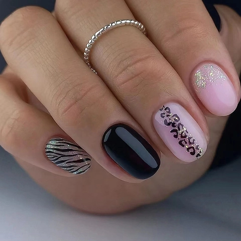 Korte Press On Nagels Glanzend Zwart Roze Glitter Luipaard Zebra Patroon Kunstnagels Voor Vrouwen Met Lijm