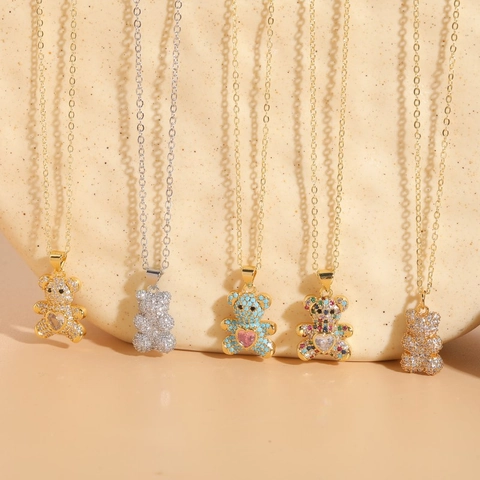 Bear Pendant Necklace Copper With Heart Zircon Pave Fashion Elegant Jewelry For Women