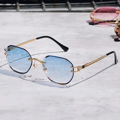 Mode Randloze Zonnebril Diamant Slijpen Metalen Frame UV400 Bescherming Luxe Vintage Eyewear Dames Heren