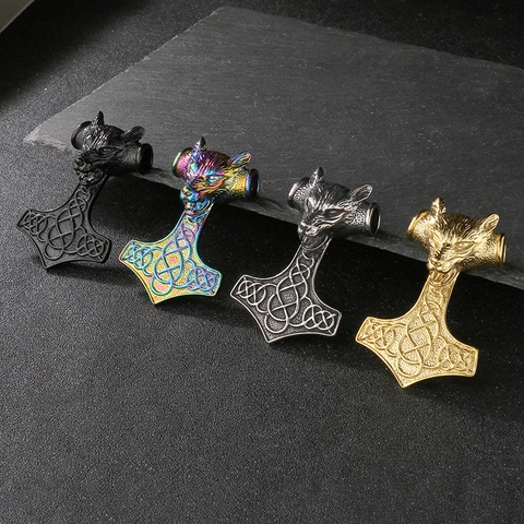 Viking Mjolnir Pendant Necklace Stainless Steel Wolf Lion Head Thor Hammer Vintage Nordic Punk Jewelry For Men