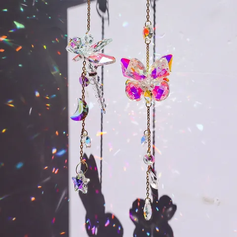 Crystal Butterfly Dragonfly Suncatcher Hanging Ornament Gold Metal Chain Prism Rainbow Maker Window Garden Decor