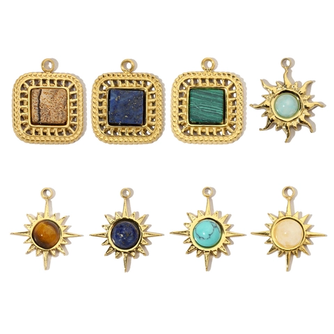 Ciondoli Geometrici Quadrati Sole In Acciaio Inossidabile Pietra Naturale Placcato Oro Vintage Francese Per Creazione Gioielli