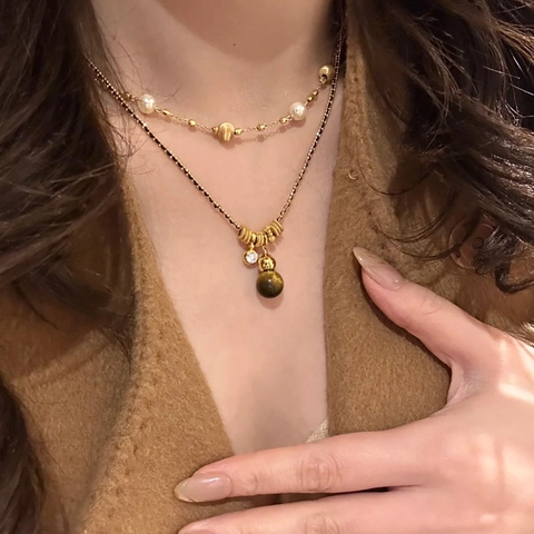 Collana Con Pendente In Pietra Occhio Di Tigre Retro Placcata Oro Con Zircone Stile Maillard Gioielli Vintage Per Donna