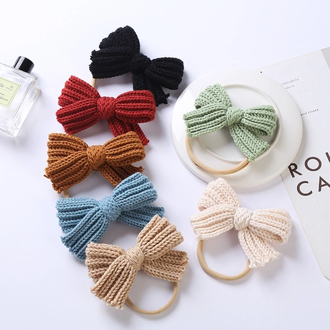 Baby Knitted Bow Headband Soft Elastic Nylon Hair Band Solid Color Handmade Headwear For Newborn Toddlers