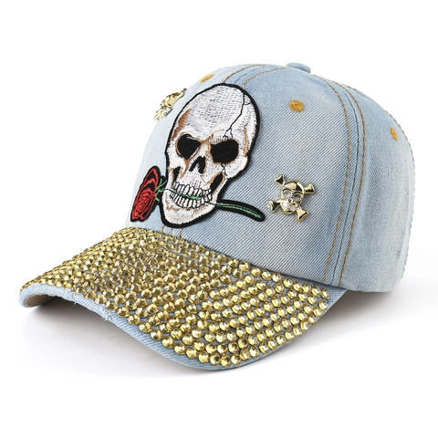Cappello Da Baseball Ricamo Teschio Rosa Denim Lavato Con Strass Punk Cappello Streetwear Regolabile Uomo Donna