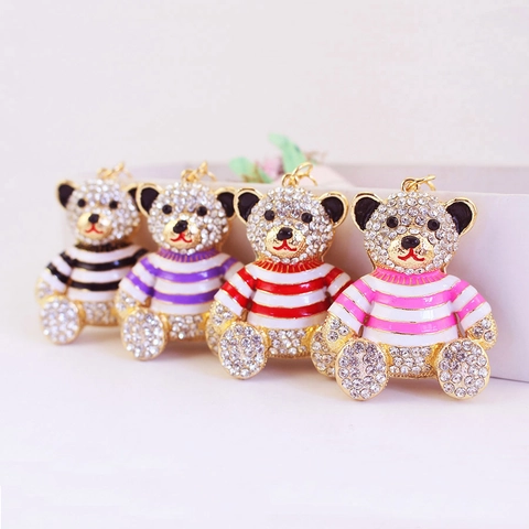 Striped Bear Keychain Zinc Alloy Rhinestone Encrusted Enamel Bag Charm Cute Animal Pendant For Women Girls Gift Sparkly