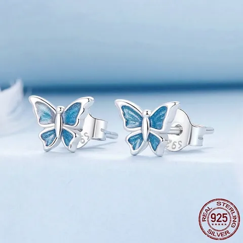 925 Sterling Silver Blue Butterfly Stud Earrings For Women Exquisite Gradient Enamel Animal Small Jewelry Gift