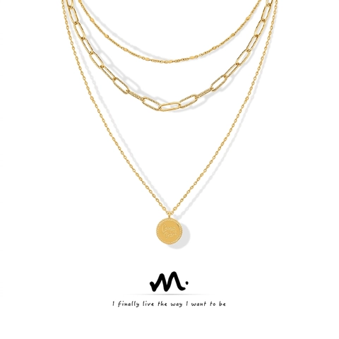 Round Coin Pendant Necklace Titanium Steel 18K Gold Plated Layered Paperclip Satellite Chain Carpe Diem Engraved Jewelry