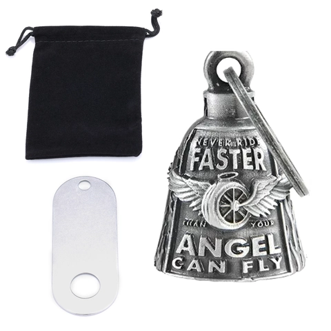 Motorcycle Guardian Bell Pendant Stainless Steel Retro Punk Angel Wings Biker Bell With Engraved Quote