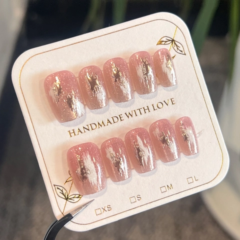 Pink Cat Eye Press On Nails With Gold Foil Stamping Graffiti Art For Women Handmade Style