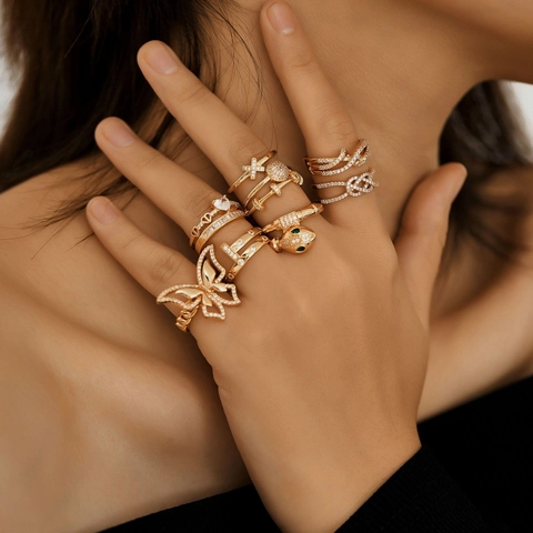 Adjustable Open Ring Copper Zircon Gold Plated Heart Snake Butterfly Design Fashion Jewelry For Women