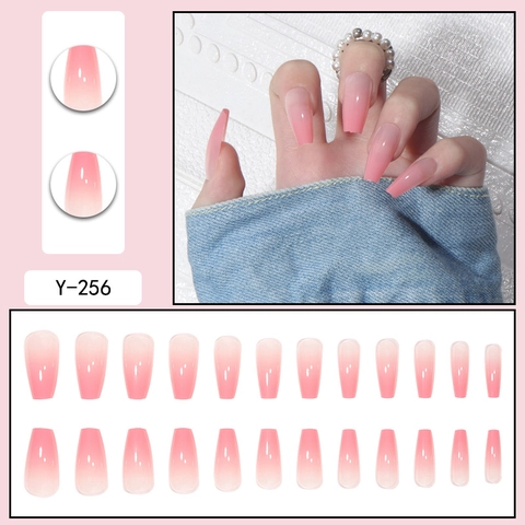 Long Coffin Press On Nails Pink Ombre Gradient Glossy Resin Full Cover Fake Nail Tips For Women DIY Manicure Fashion