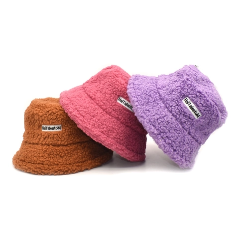 Lambswool Bucket Hat Warm Thick Winter Plush Fisherman Hat Embroidered Letter Patch Fashion For Women Men
