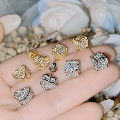 CZ Micro Pave Stud Earrings 18K Gold Plated Copper Heart Round Geometric Sparkling Fashion Jewelry For Women Men