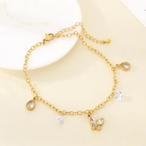Schmetterling Wassertropfen Anhänger Fußkettchen Damen Edelstahl Goldfarben Sommer Strand Zirkonia Strass Schmuck