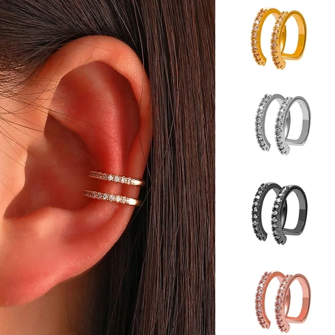 Geometric Double Layer Ear Bone Clip Copper With Cubic Zirconia Non Piercing Trendy Simple Jewelry For Women