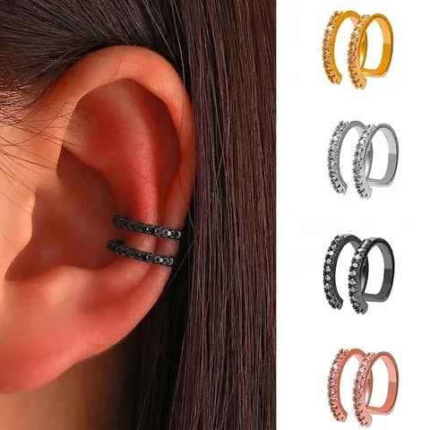 Geometric Double Layer Ear Bone Clip Copper With Cubic Zirconia Non Piercing Trendy Simple Jewelry For Women