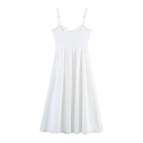 Elegante Witte Camisole Maxi Jurk Met Gevlochten Bies Hoge Taille Vierkante Hals Mouwloos Polyester Zomerjurk