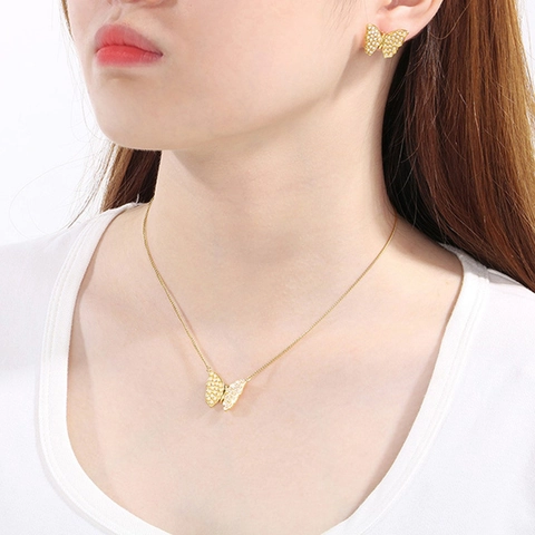 Collana Con Ciondolo A Farfalla E Orecchini In Acciaio Inossidabile Con Künstliche Perle Di Conchiglia Elegante Per Donna