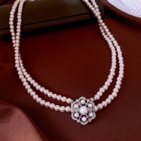 Collar De Capas Perla Artificial De Imitación Cobre Circón Colgante Floral Hueco Copo De Nieve Joyería Elegante Vintage Mujer