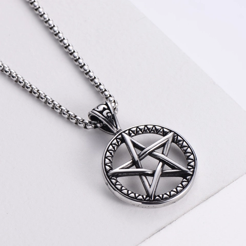 Pentagram Star Round Pendant Necklace Vintage Gothic Punk Style 304 Stainless Steel Jewelry For Men