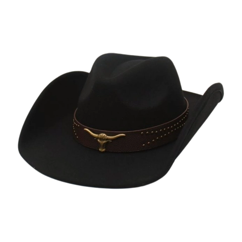 Western Cowboy Hat Felt Wide Brim With Leather Band Bull Head Metal Ornament Retro Jazz Hat For Women Men